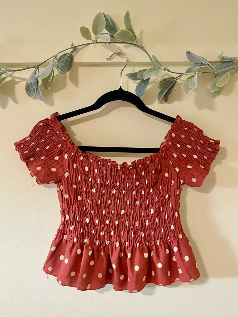 Burnt Orange Polka Dot Smocked Peplum Top